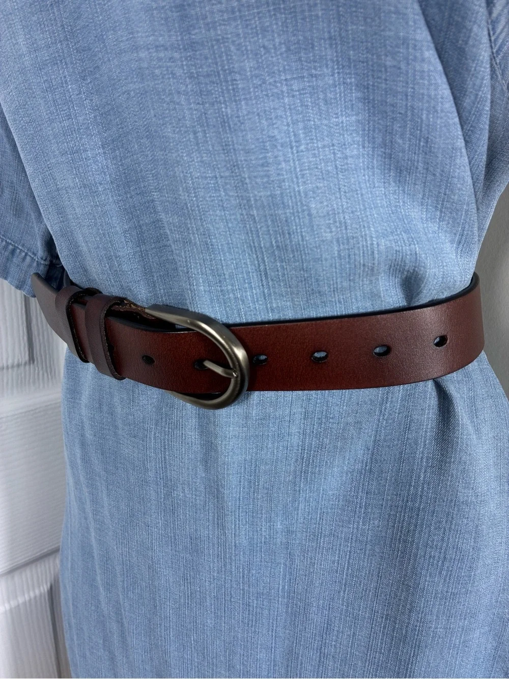 Plus size unisex belt 50” long brown leather silver buckle Women/Men